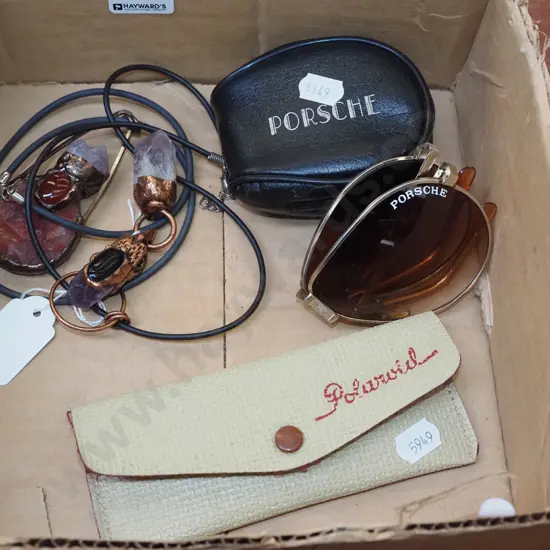 box; sunglasses, stone pendants