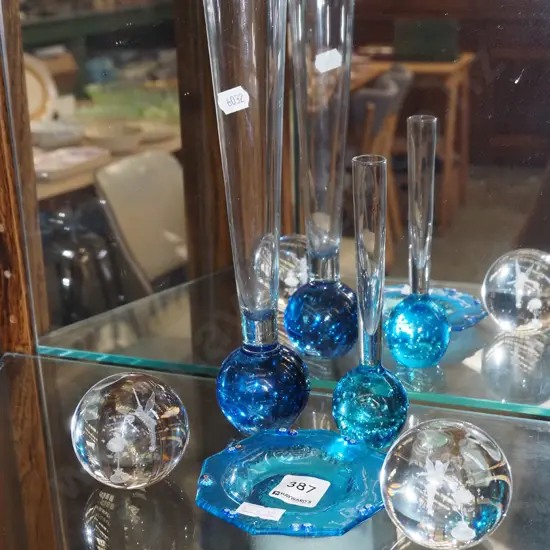 art glass paperweights, vases, pin dishes