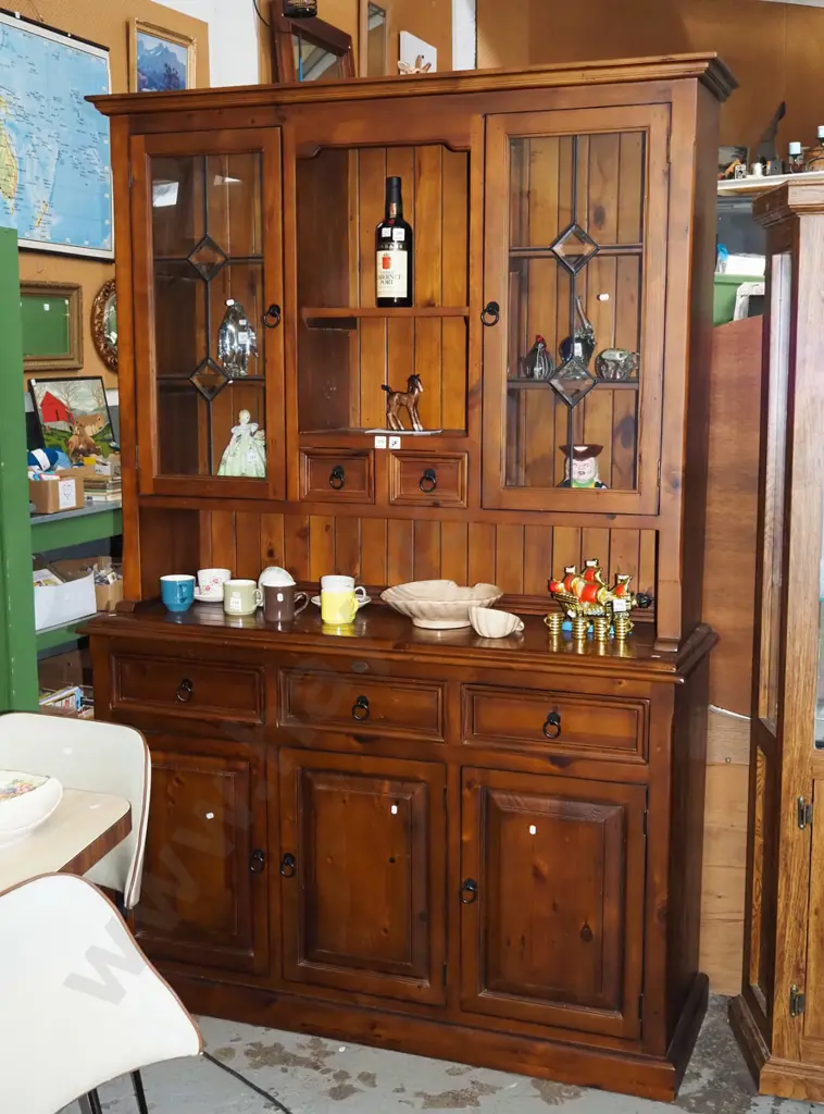 solid pine wall unit with 2 leadlight bevelled glass doors, 2 solid drawers above 3  Image 1++