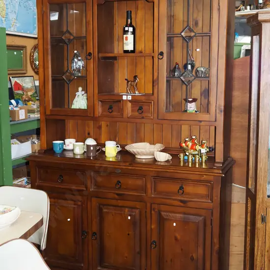 solid pine wall unit with 2 leadlight bevelled glass doors, 2 solid drawers above 3 