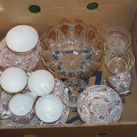box; tea cups, creamer Colclough, cake plate etc