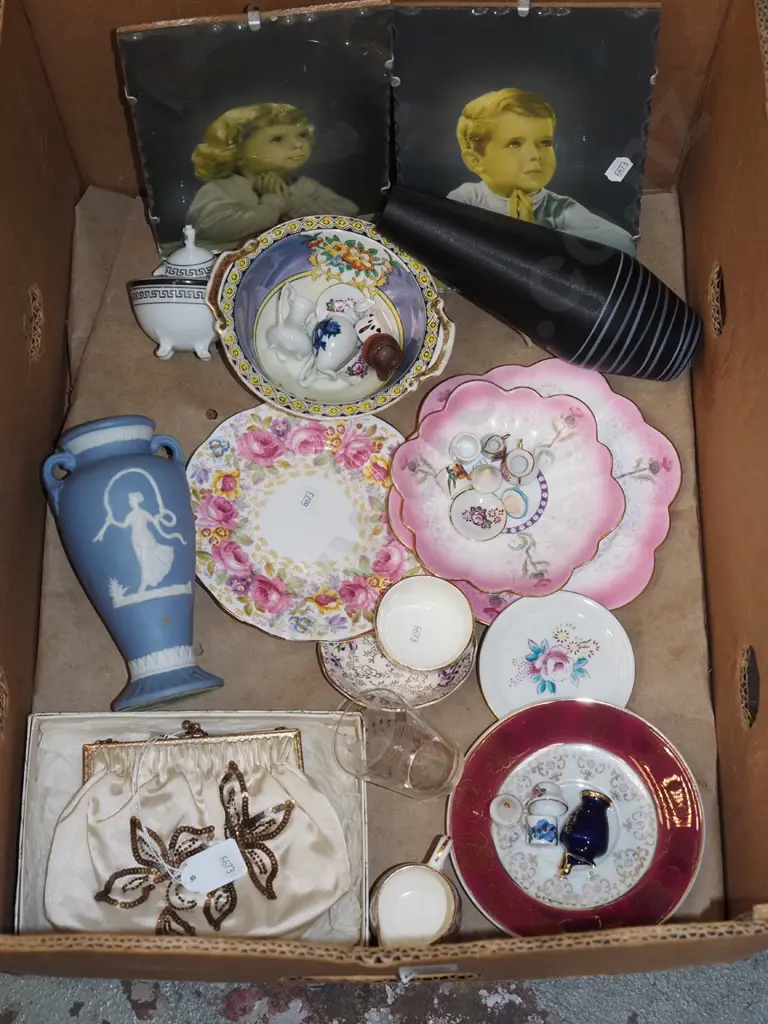 box; prints, jasperwarevase, saucers, miniatures etc Image 1++