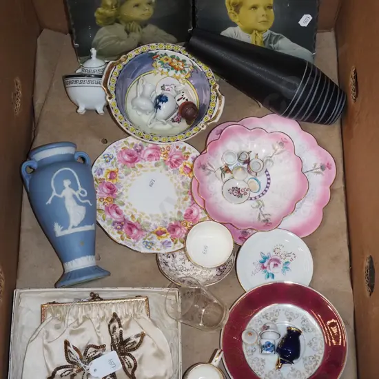 box; prints, jasperwarevase, saucers, miniatures etc