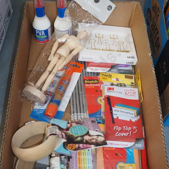 box; crafting allsorts; pva glue, wooden bangles, pencils, labels etc