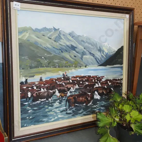 framed oil - cattle by stream