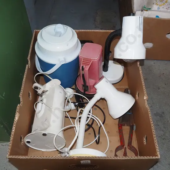 box; electric can opener, lamps, torch, drink bottle