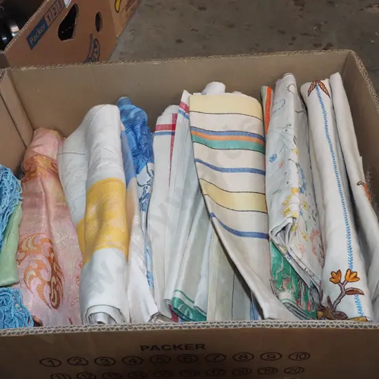 box; tablecloths, napkins, teapots etc