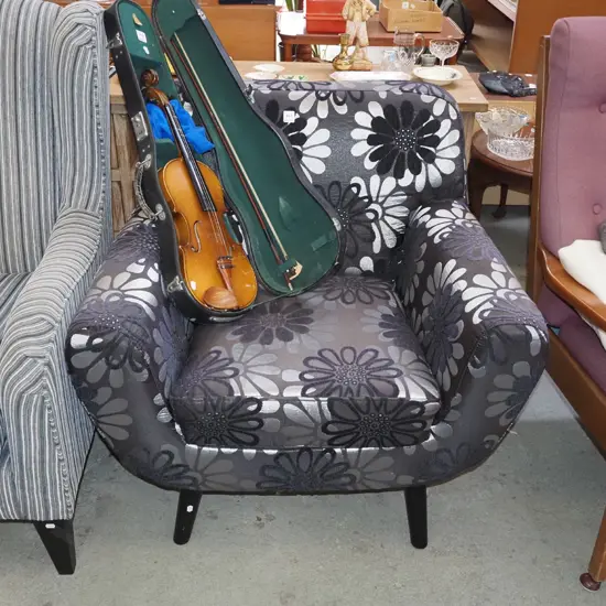 contemporay upholstered floral black and silver armchair