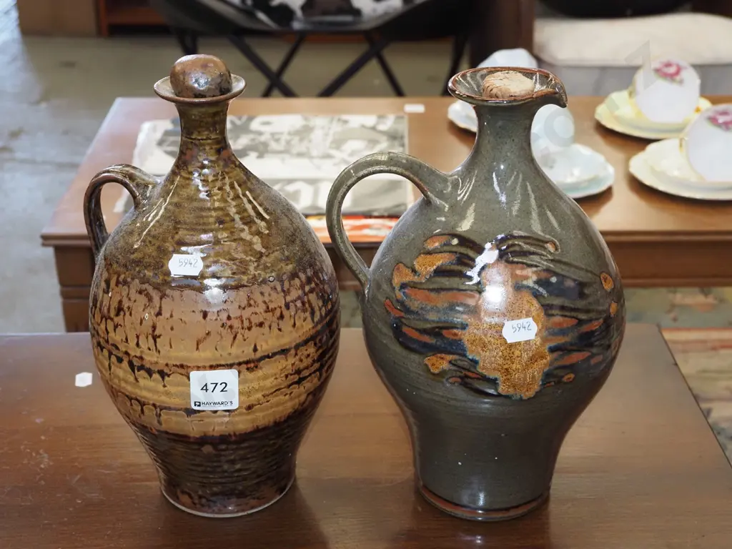 2x stoppered studio pottery jugs H260 Image 1++