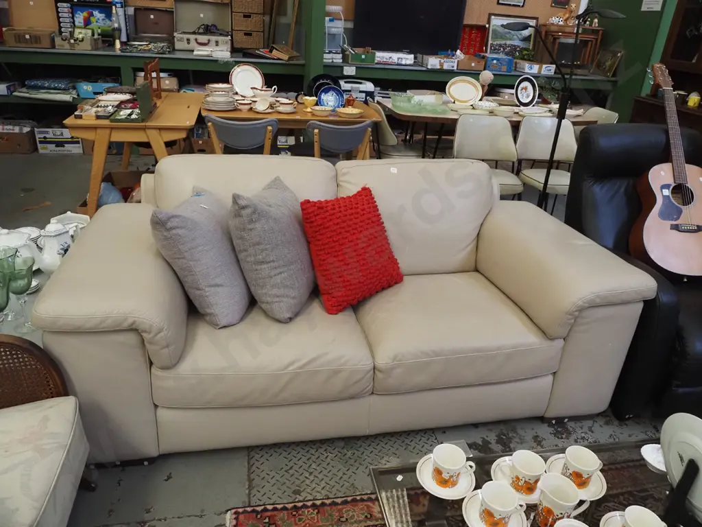 cream leather 2 seater settee - some scuffing and marks to leather Image 1++