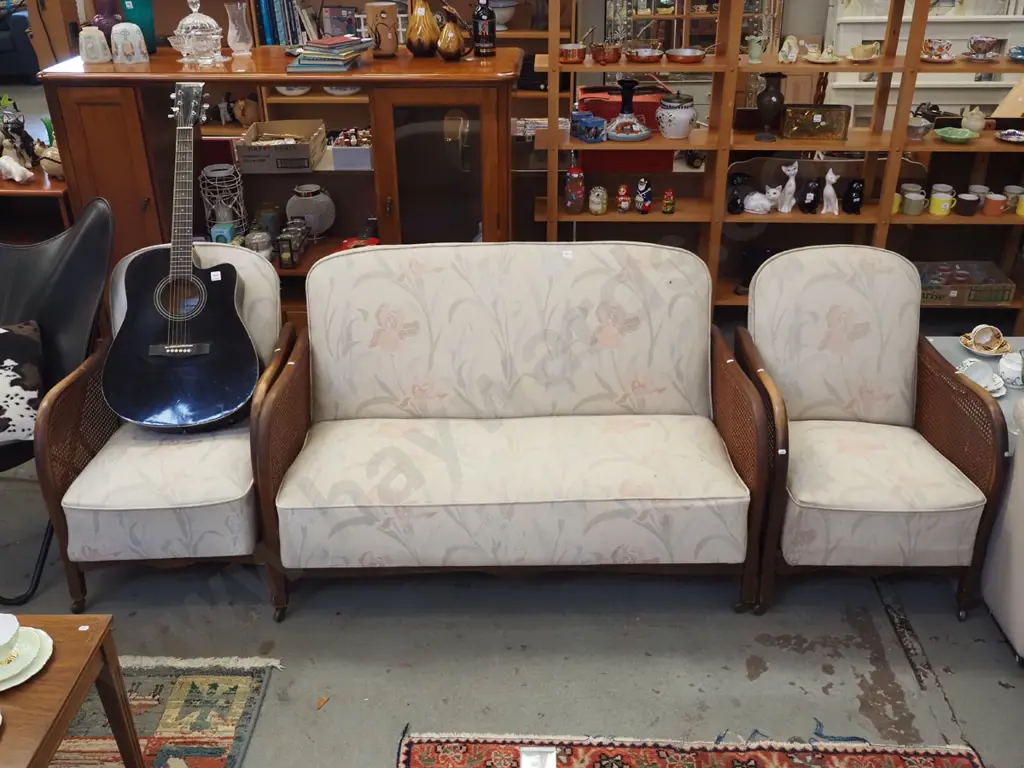 floral bergere 3 piece lounge suite - 2 seater 2 x singles - cat scratches, 1 chair needs attention Image 1++