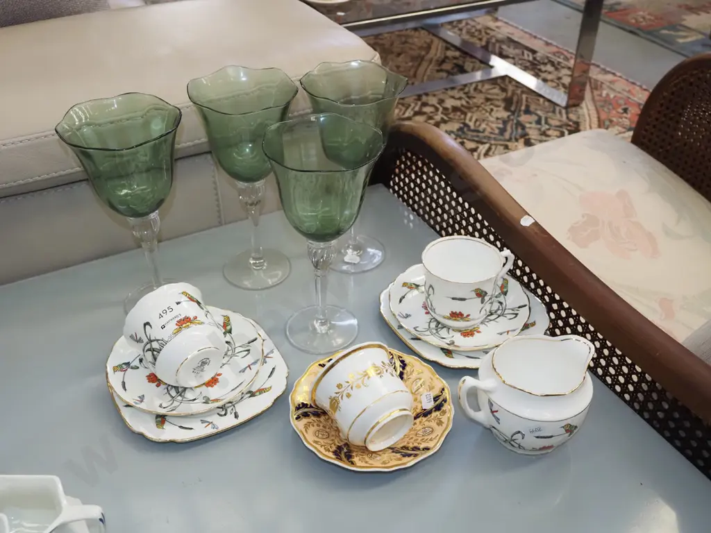 cup, saucer, trios, 3x green stemmed wine glasses Image 1++