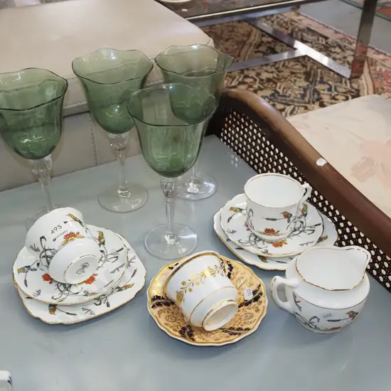 cup, saucer, trios, 3x green stemmed wine glasses
