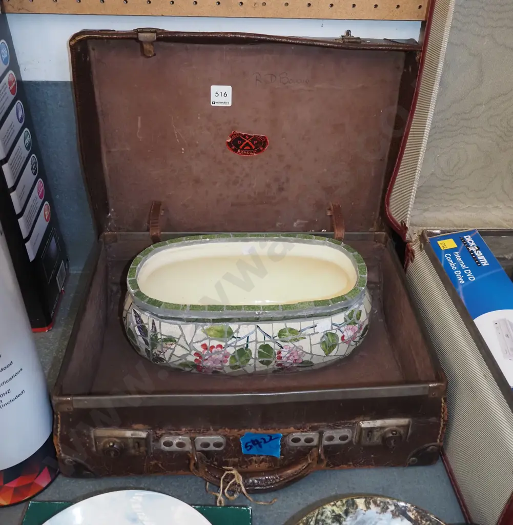 small battered suitcase, mosaic trough jardiniere Image 1++