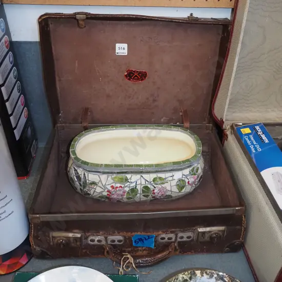 small battered suitcase, mosaic trough jardiniere