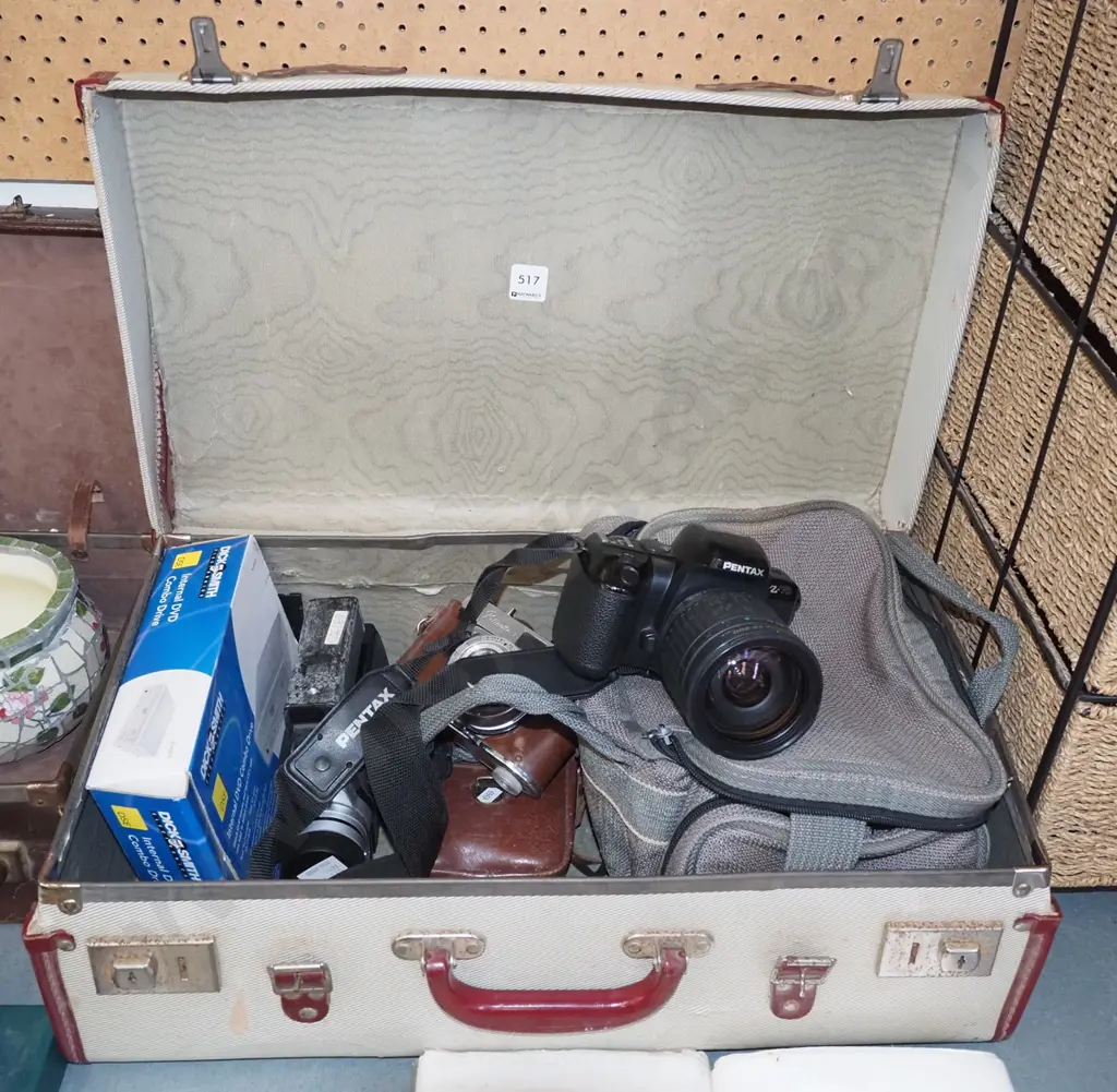 vintage suitcase and cameras; Pentax Z/70 film camera etc Image 1++