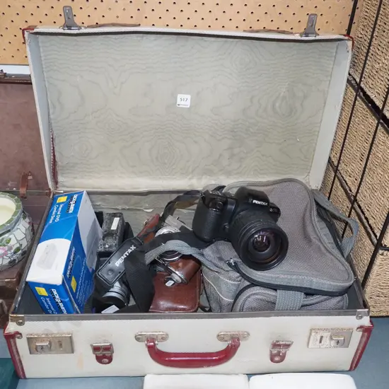 vintage suitcase and cameras; Pentax Z/70 film camera etc
