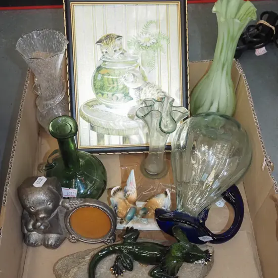 box; vases, jug, animal figurines etc