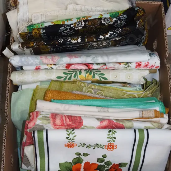 box; fabric pieces, tablecloths