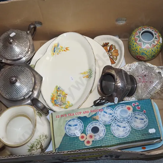 box; plated ware, plates, cup and saucer set etc