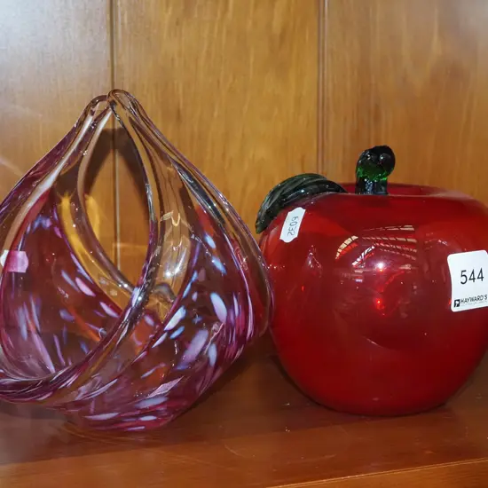 art glass basket, red glass apple
