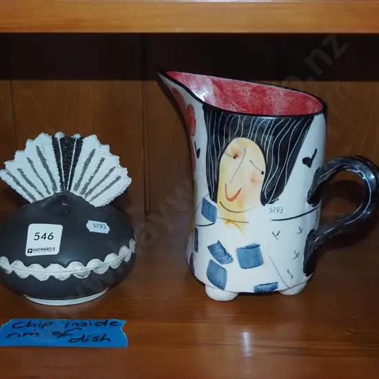 Laughing Fish pottery hand painted jug and cover pot - has chip to rim