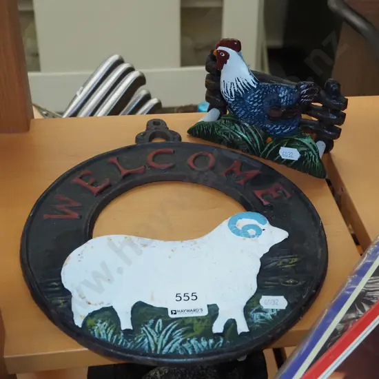 cast iron ram themed Welcome sign, cast iron poultry themed coat rack