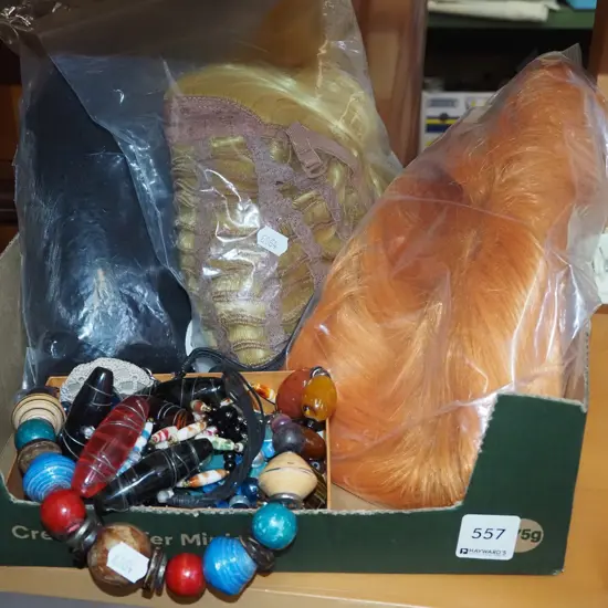 box; costume jewellery, beads, 3x wigs