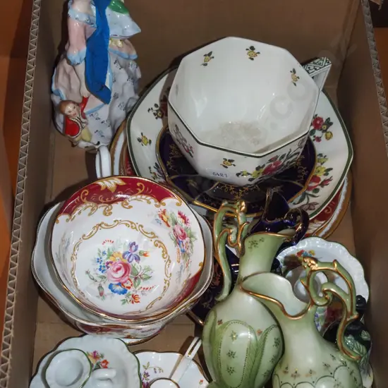 box; small ewer vases, cups, saucers - some cracks and damge etc
