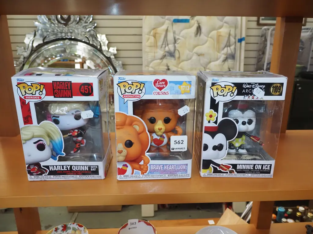 3x Pop Figurines - Harley Quinn, Braveheart Lion, Minnie On Ice Image 1++