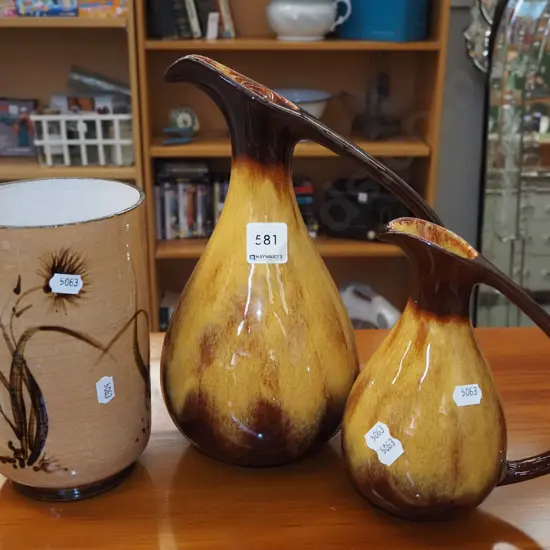 studio pottery hand painted vase, 2x Blue Mountain ewer vases h270