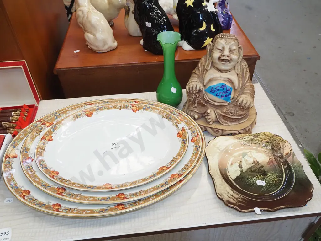 composite buddha figurine (crack in base), 3x Grimwade ashets, Doulton Arundel Castle plate - ashet have stains Vase H20 Image 1++