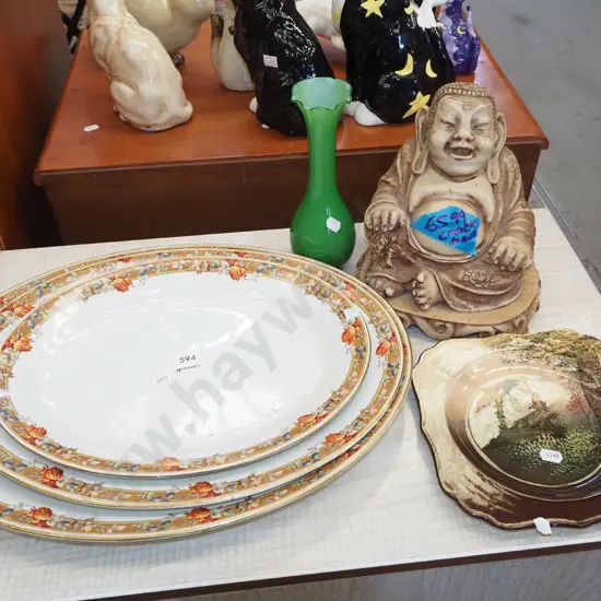 composite buddha figurine (crack in base), 3x Grimwade ashets, Doulton Arundel Castle plate - ashet have stains Vase H20