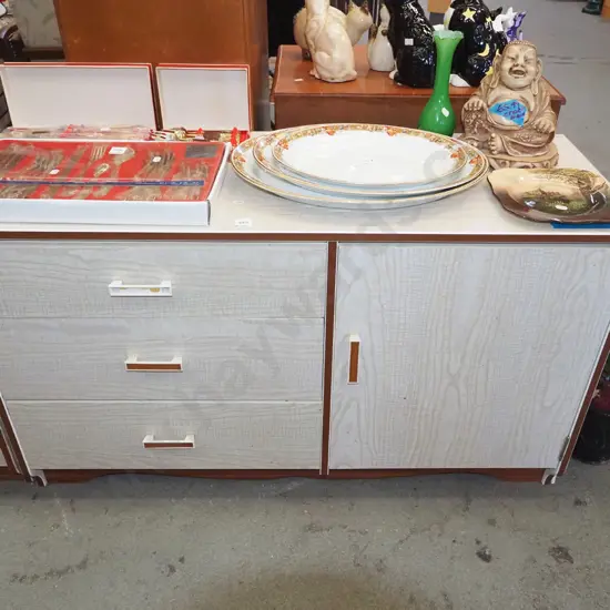 mid century chip board and solid wood formica top 3 drawer 1 door cabinet - damage to 1 handle H625 W1080 D410