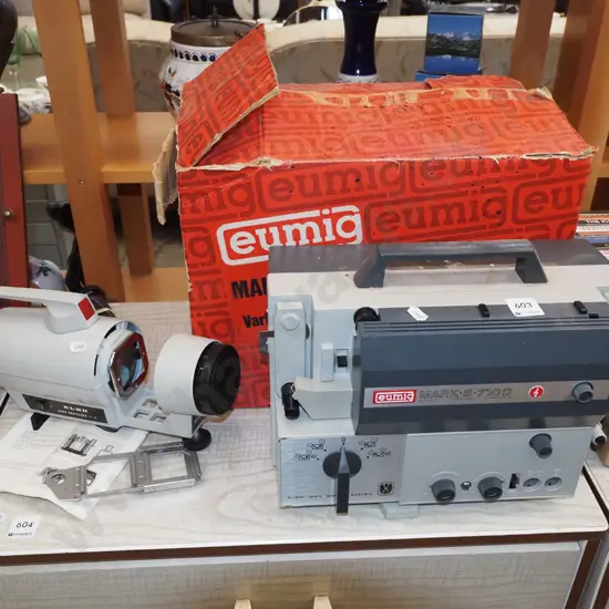 Umeg 8mm cine camera, Elmo slide projector