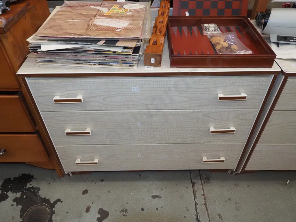 mid century chip board and solid wood formica top 3 drawer lowboy H630 W810 D410 Image 1++
