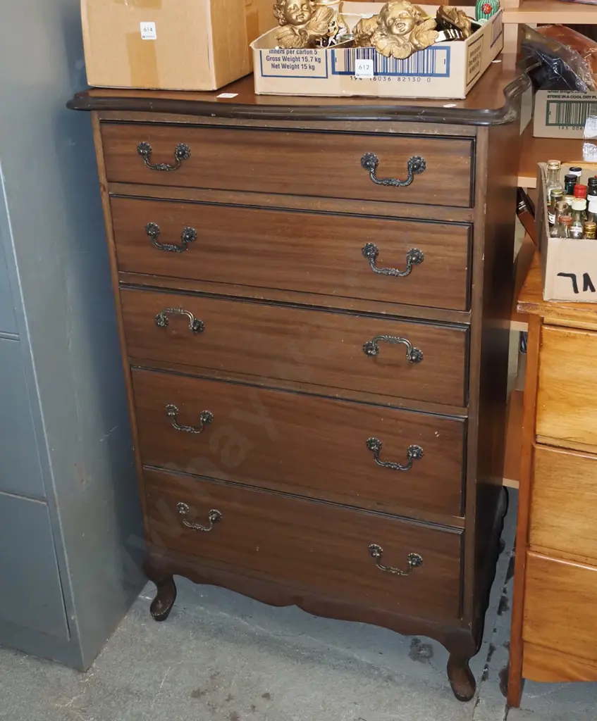 mdf mahogany veneer cab leg 5 drawer tall boy H1040 W670 D425 Image 1++