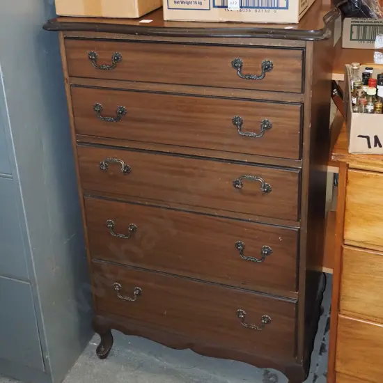 mdf mahogany veneer cab leg 5 drawer tall boy H1040 W670 D425