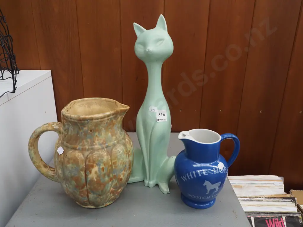 whisky jug, cat figurine, mottled glazed ceramic kettle - damage Image 1++