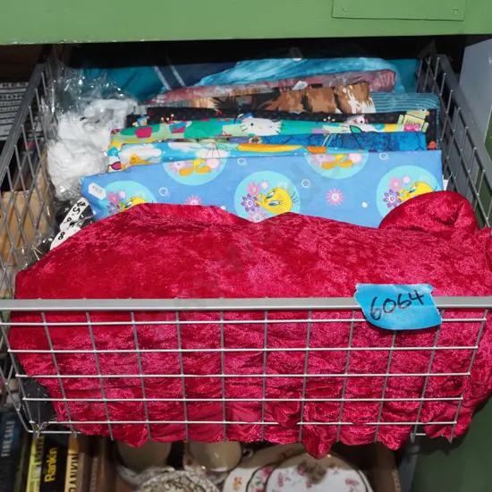 wire basket, fabric pieces