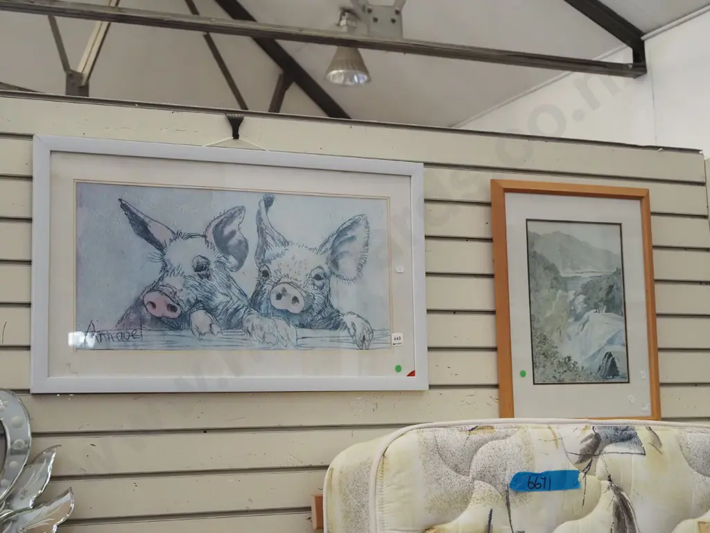 2x framed prints - landscape, pigs - green dots Image 1++