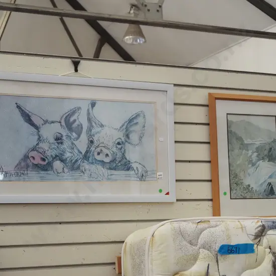 2x framed prints - landscape, pigs - green dots