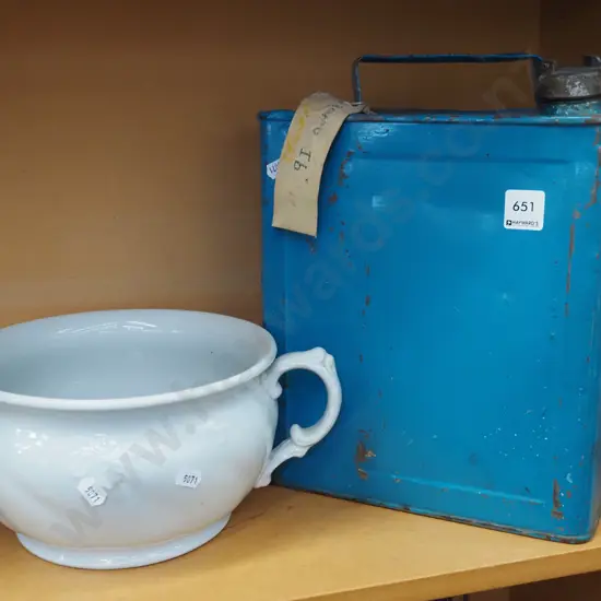 vintage fuel can, chamber pot