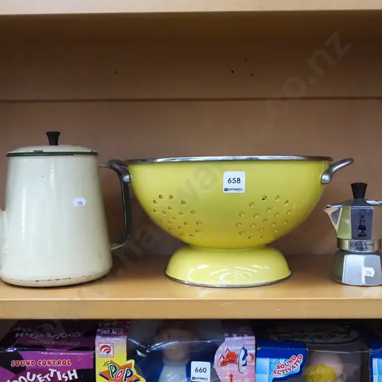 enamel teapot, stove top espresso, colander