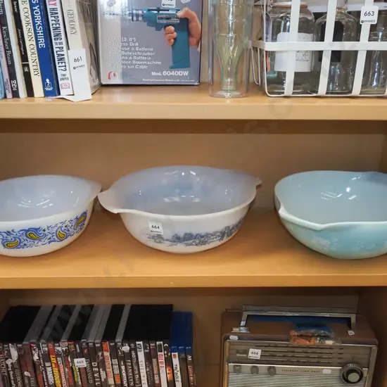 3x retro white pyrex decorated mixing bowls