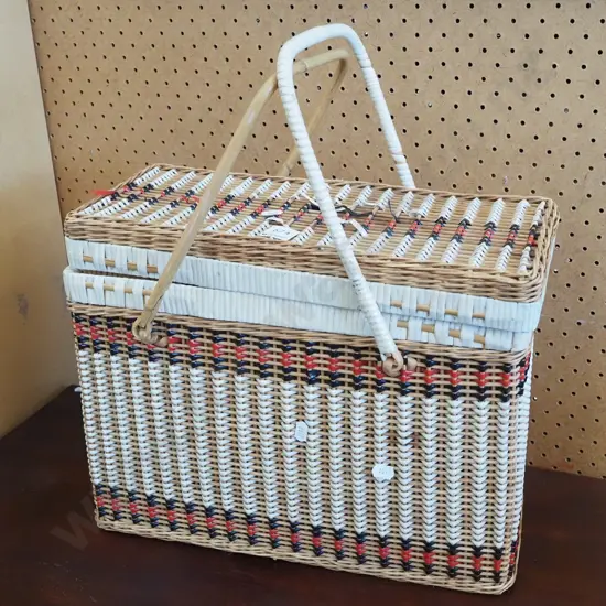 retro cane lidded double handled basket