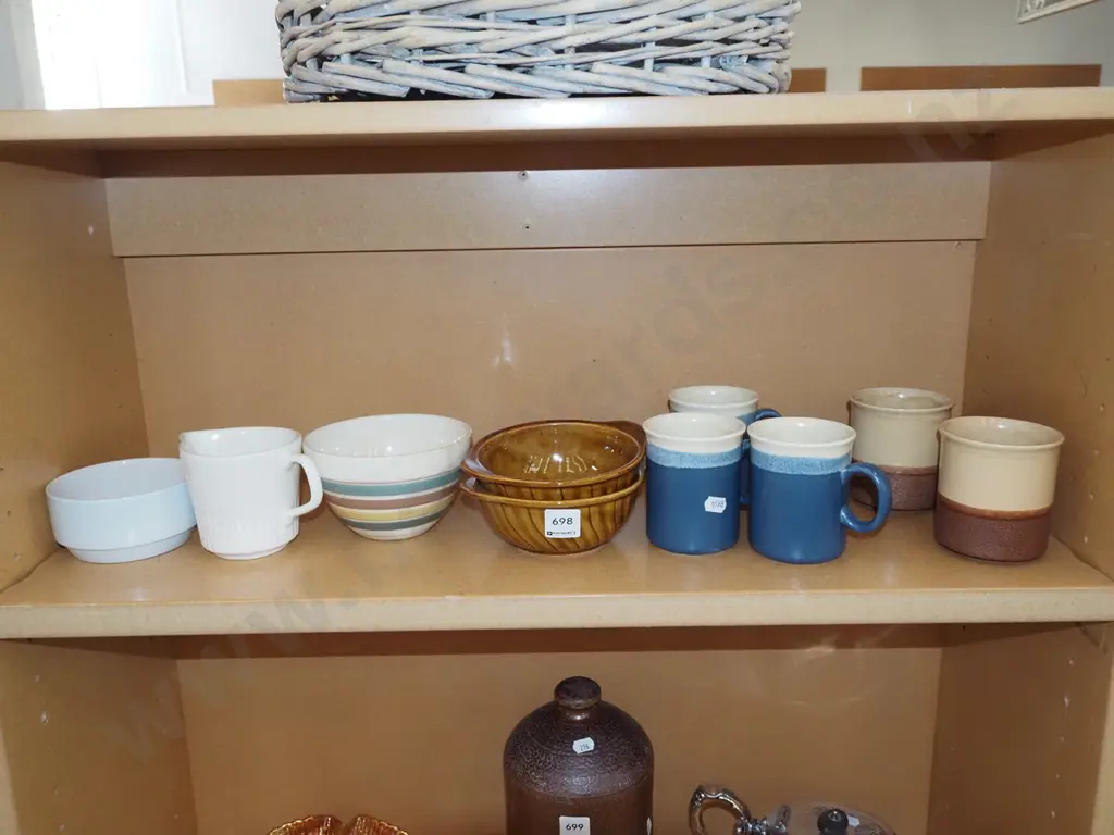 Crown Lynn bowls, coffee cups, striped bowl has cracks Image 1++