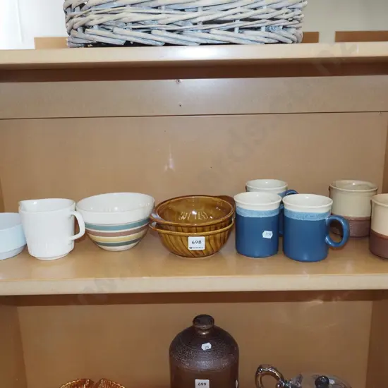 Crown Lynn bowls, coffee cups, striped bowl has cracks