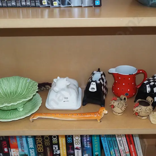 shelf; sausage dog toothpick holder, cow creamer, chicken salt etc