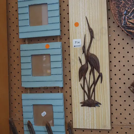 retro formica and wood wall art, hanging trytpic frames - orange dots